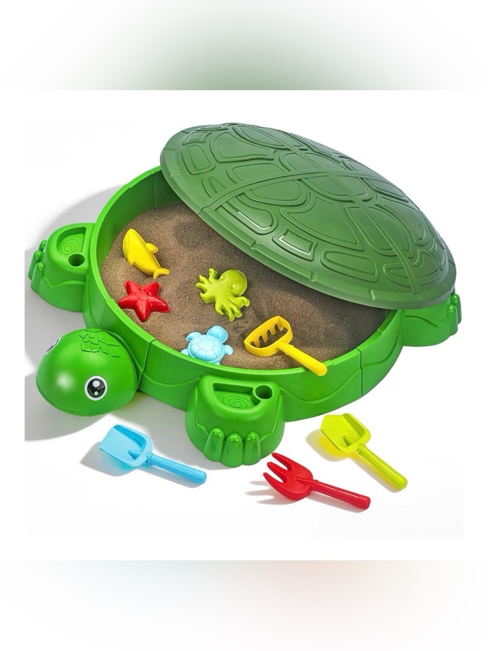 Turtle Sandbox with Lid & Beach Toys Set, 38" Kids Sandbox for Toddlers 3-8